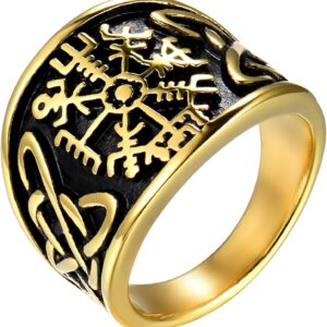 JewelryWe Jewellery Men's Ring Stainless Steel Vintage Viking Rune Compass Vegvisir Rings with Celtic Knot Men's Band Rings Engraving Silver Gold Black Size 54 to 76