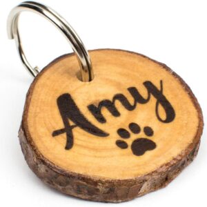 Natural Wooden Dog Tag with Engraving | Real Rosewood with Bark Silent on Collar | Back with Phone Number, Address, Date – Gift for Dog Owners