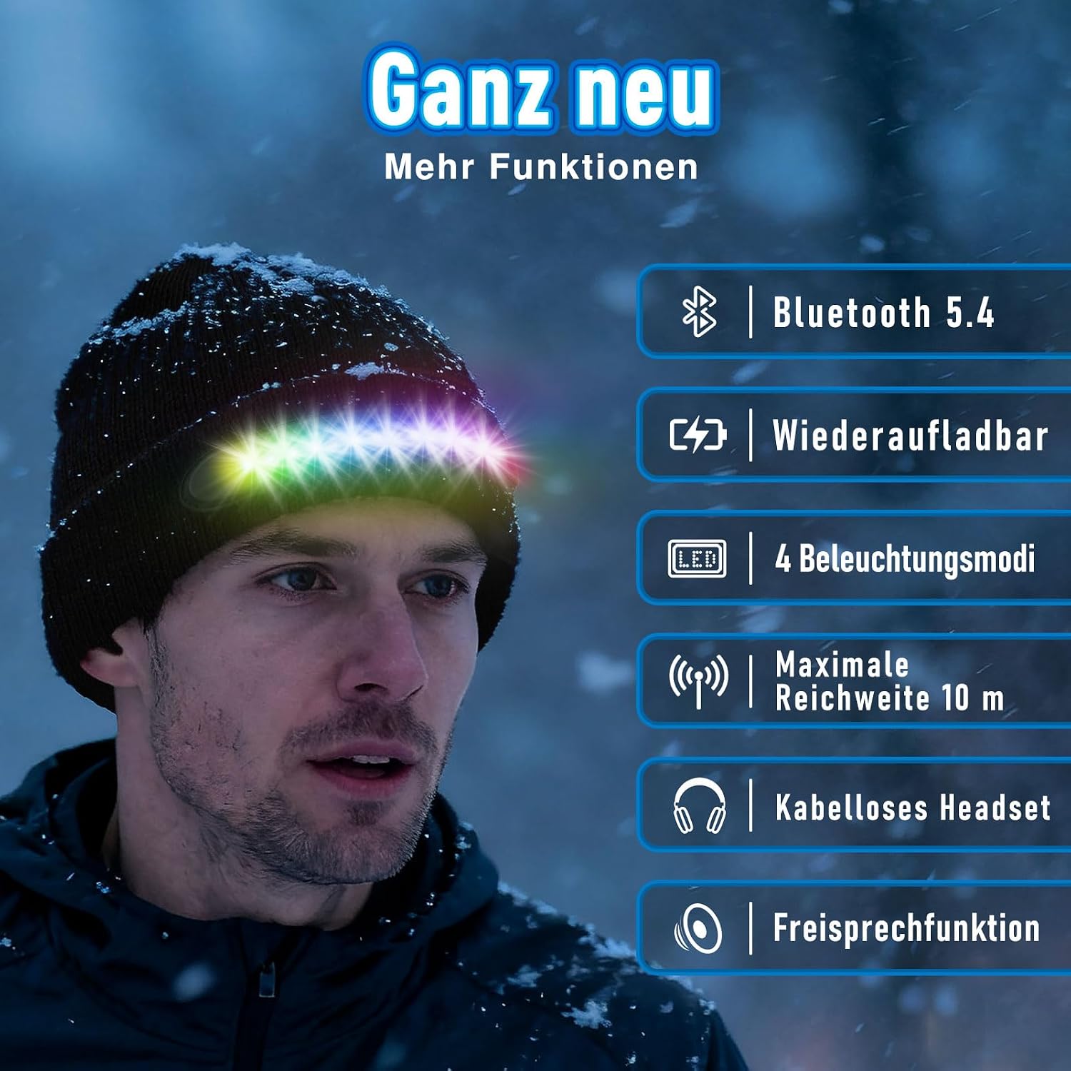ZOOI Gifts for Men, LED Bluetooth Beanie Hat with Light RGB – Bild 3