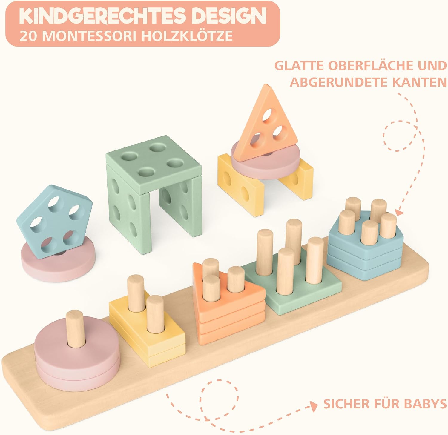 Sweety Fox Montessori Stacking and Sorting Toy, 1/2/3 Years, Wooden Activity and Development Toy in Pastel Colours, Montessori Games for Toddlers from 1 Year of Age – Bild 3