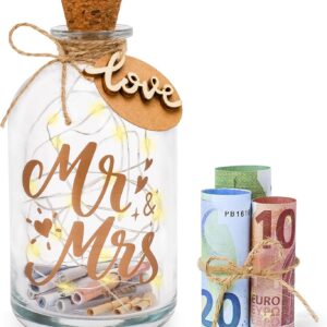 Wedding Gifts Money Light Bottle for Bride and Groom and Fresh Lovers, LED Bottle Light Wedding Mr & Mrs Personalised Money Gifts Wedding Fund Money Box