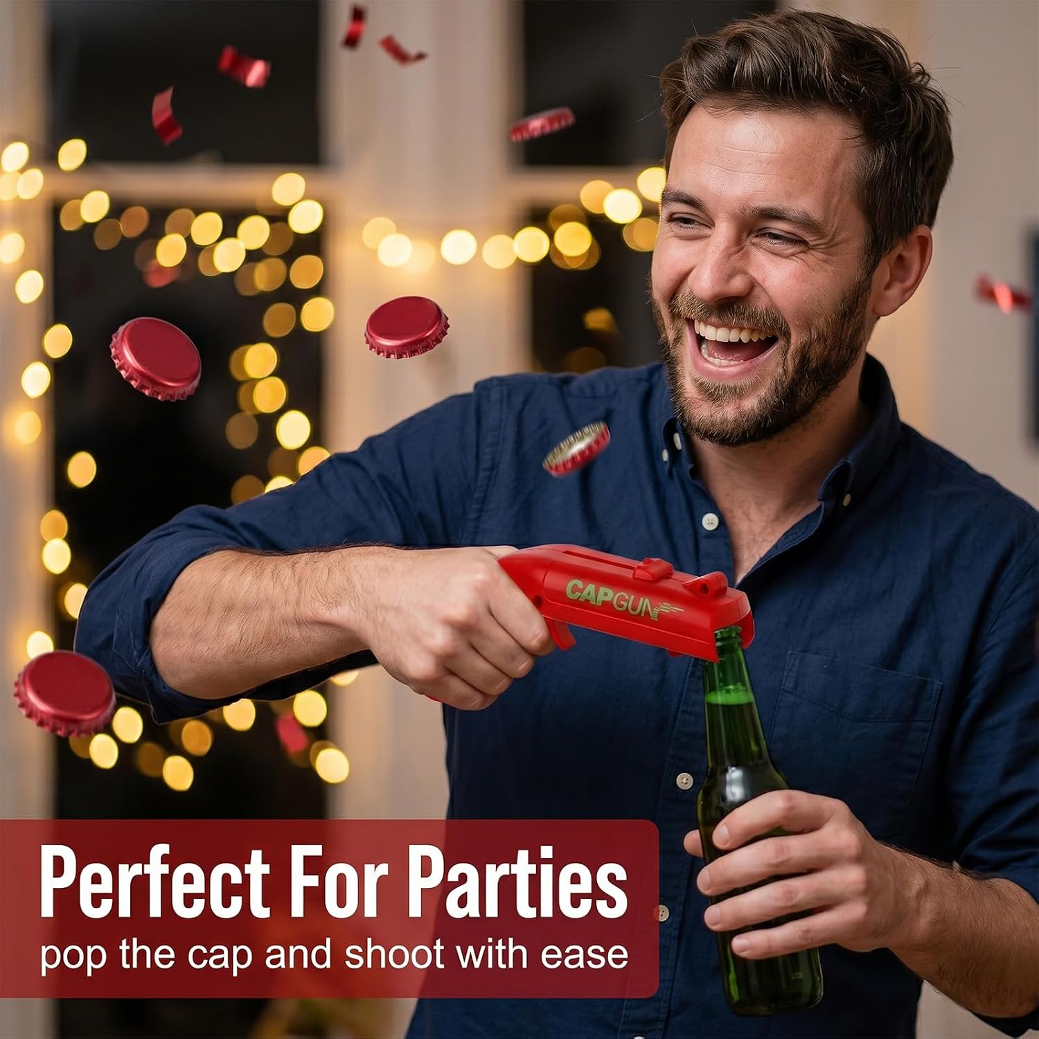 Cap Gun Bottle Opener Gun - Funny Beer Opener with Shooting Function for Parties & Bars, Creative Men's Gift & Gadget, Bottle Cap Gun Made of Durable Plastic, Red, Pack of 1 – Bild 3