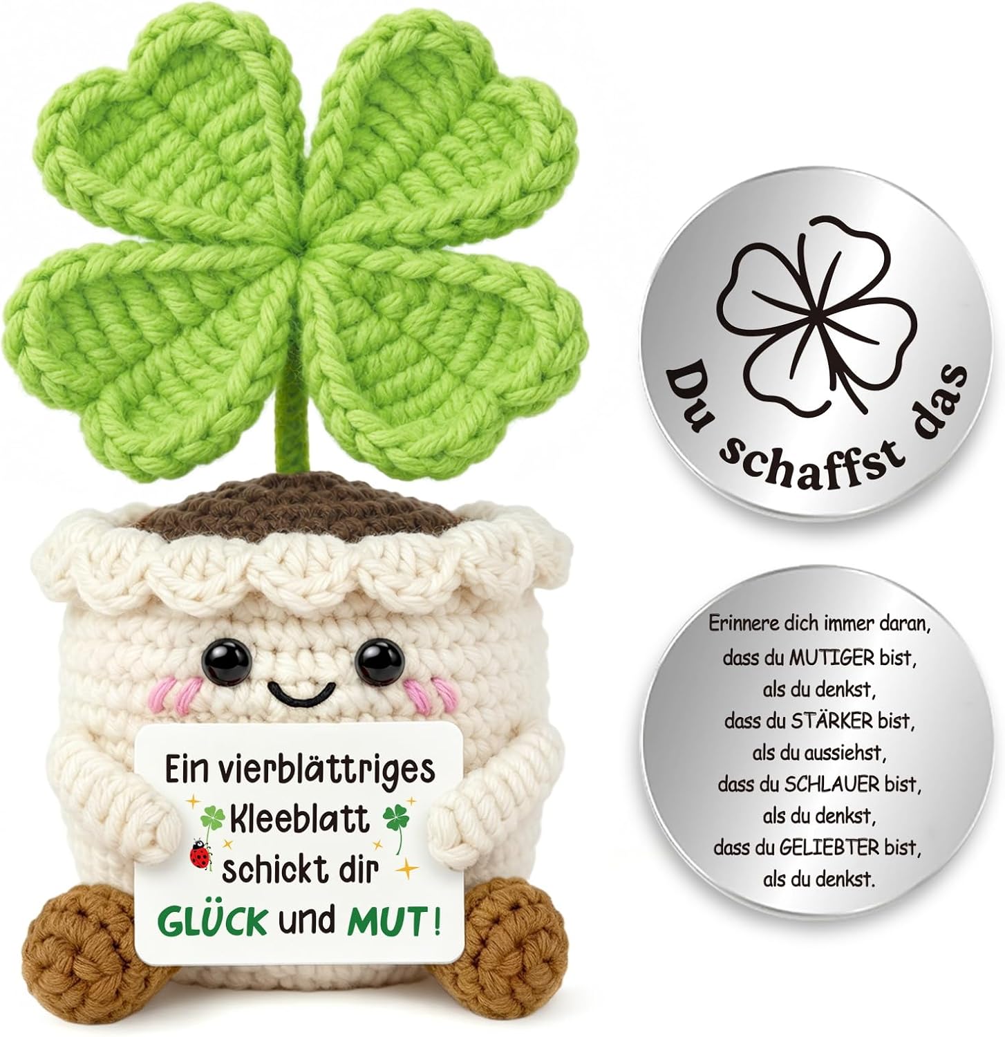 Lucky Charm Pocket Hug Positive Crochet Clover with Coins