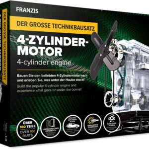 Franzis 67175 – The large technical kit 4-cylinder engine, high-quality model kit in scale 1:3, 100 components for plugging and screwing, including sound module, instructions and accompanying book