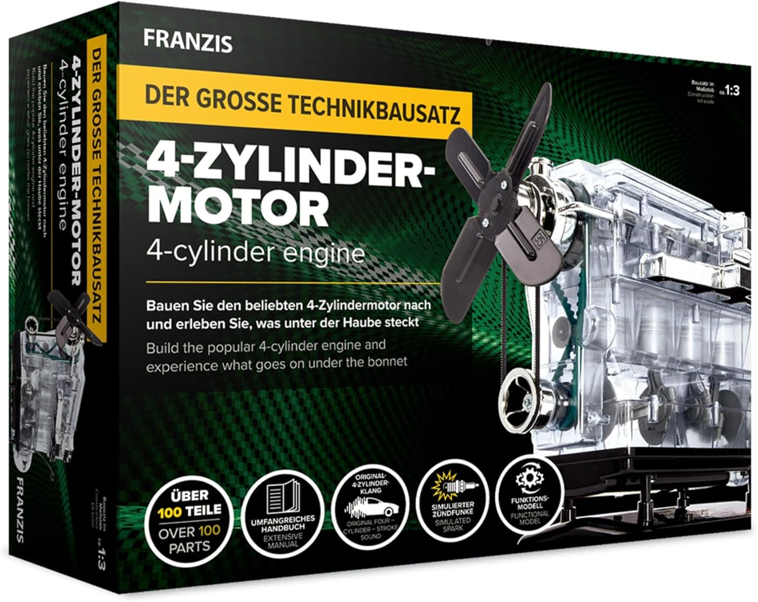 Franzis 67175 – The large technical kit 4-cylinder engine, high-quality model kit in scale 1:3, 100 components for plugging and screwing, including sound module, instructions and accompanying book