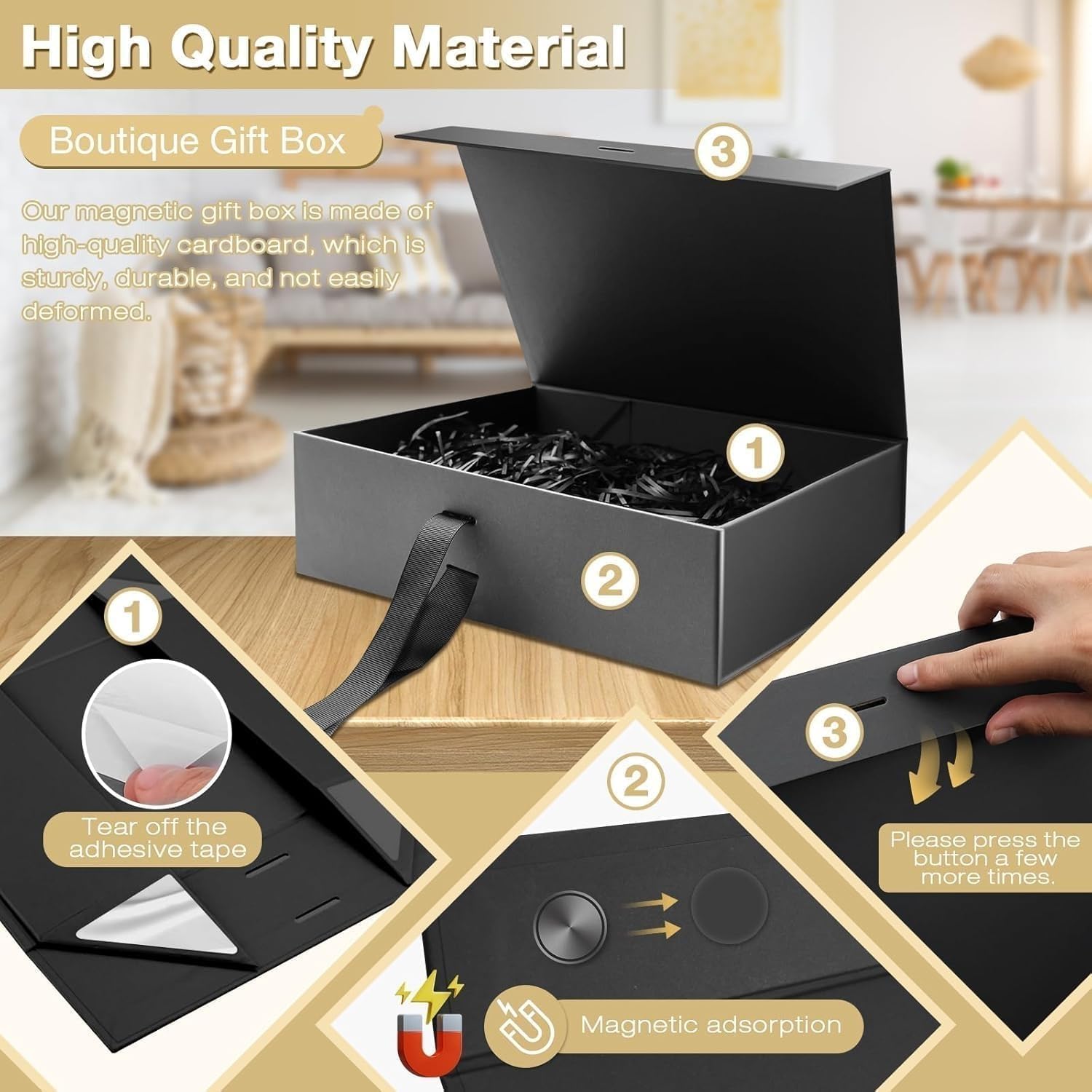 Black Luxury Large Magnetic Gift Box, 32.5 x 23 x 10.5 cm with Ribbon, Paper & Greeting Card, Party Favour Box for Wedding, Birthday & Mother's Day – Bild 4
