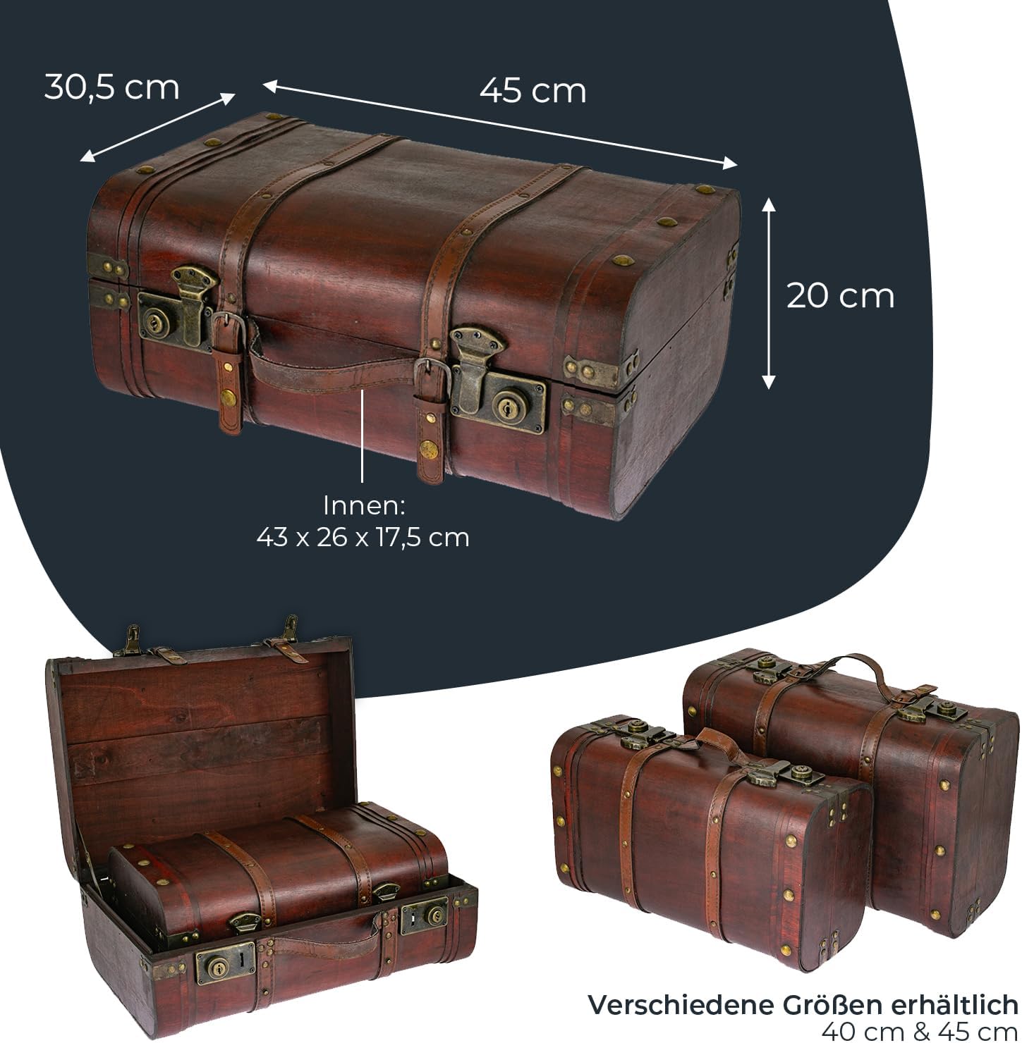 HMF 6412-145 Wooden Treasure Chest Vintage Suitcase, 45 x 30.5 x 20 cm, Large, Peru – Bild 5