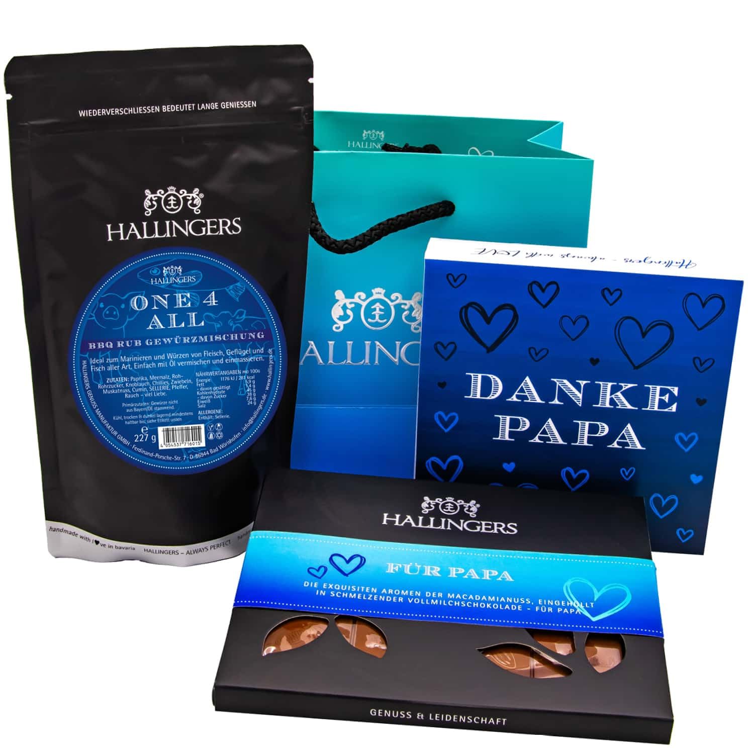 Hallingers Genuss Manufaktur Feinkost Father's Day Gift Set – XL Gift Basket "Father's Day Bag Blue" Large Gift Chocolate Bar, 9 Chocolates & Spice Rub, Gift Idea for Dad Grandpa