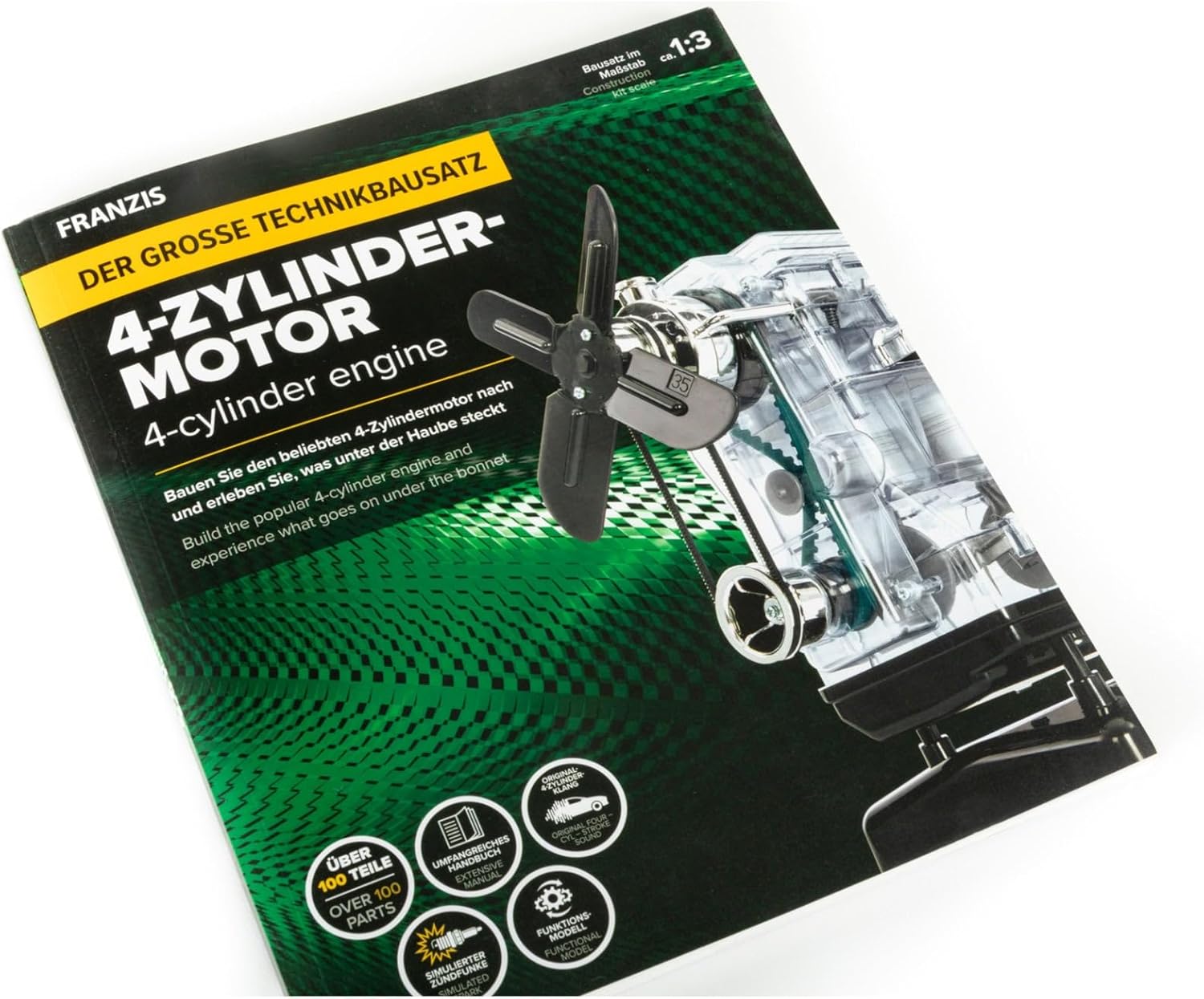 Franzis 67175 – The large technical kit 4-cylinder engine, high-quality model kit in scale 1:3, 100 components for plugging and screwing, including sound module, instructions and accompanying book – Bild 5