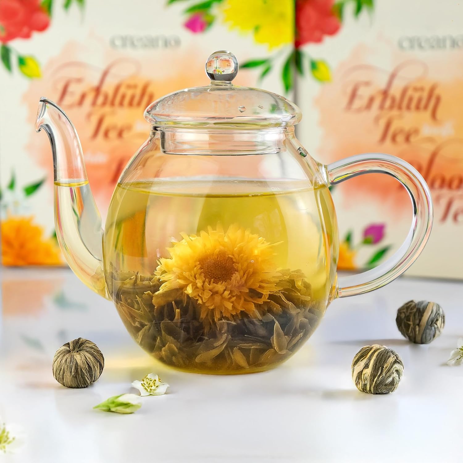 Creano Tea Flowers Gift Set, Flower Design, Blooming Tea Spring Reading with 500 ml Glass Jug and 6 x White Tea, Gift for Valentine's Day, Mother's Day – Bild 3