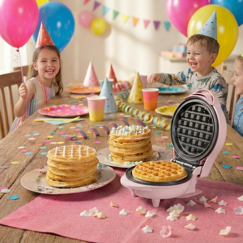 Bestron Mini Waffle Iron for Classic Waffles, Small Waffle Maker with Non-Stick Coating, for Children's Birthdays, Family Parties, Easter or Christmas, Retro Design, 550 Watt, Colour: Pink – Bild 5