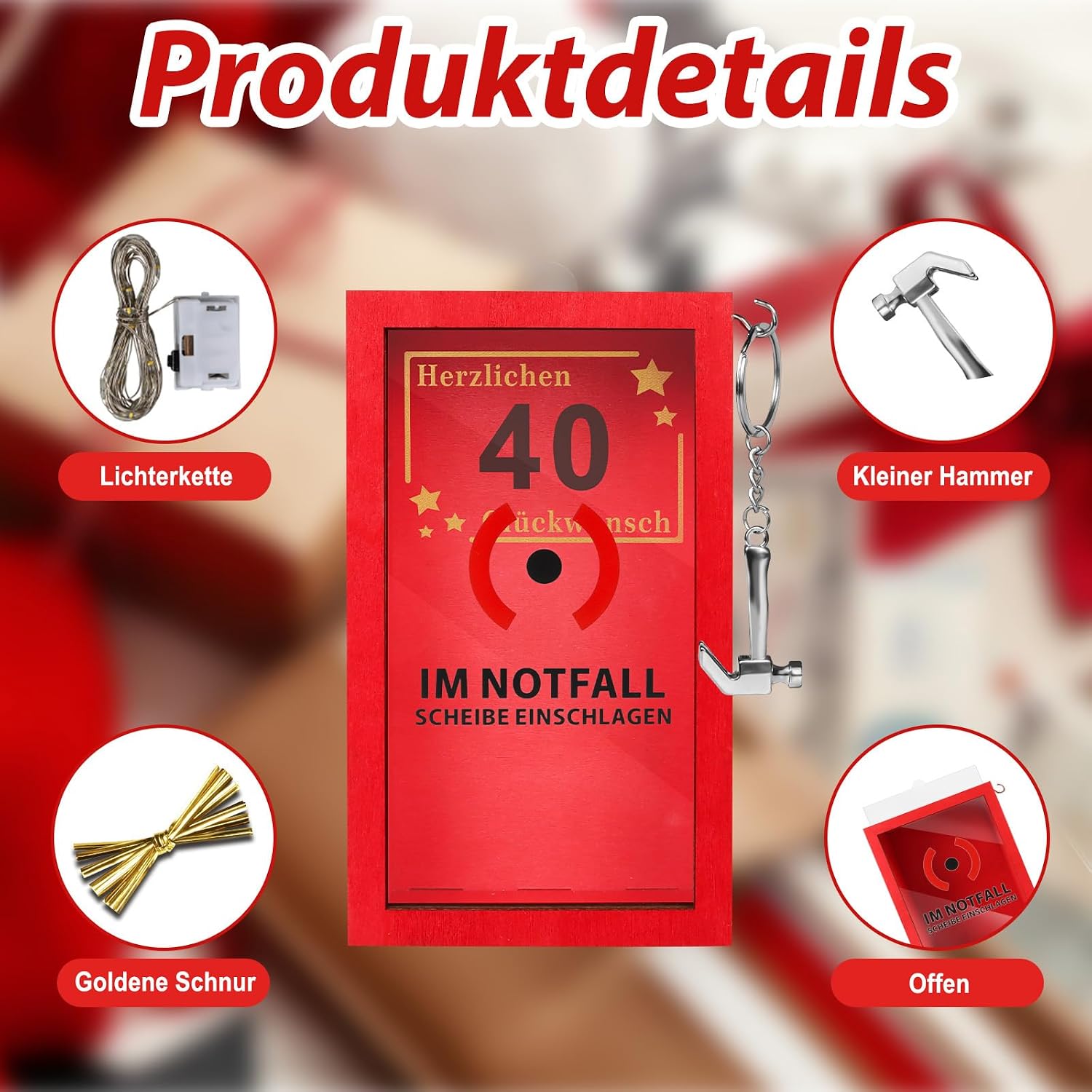 TUZELIYA LED Money Gifts 40th Birthday - 40th Birthday Women & Men - Personalised Gifts for Money - Funny Emergency Box Gifts with Hammer, Golden String and Fairy Lights – Bild 4