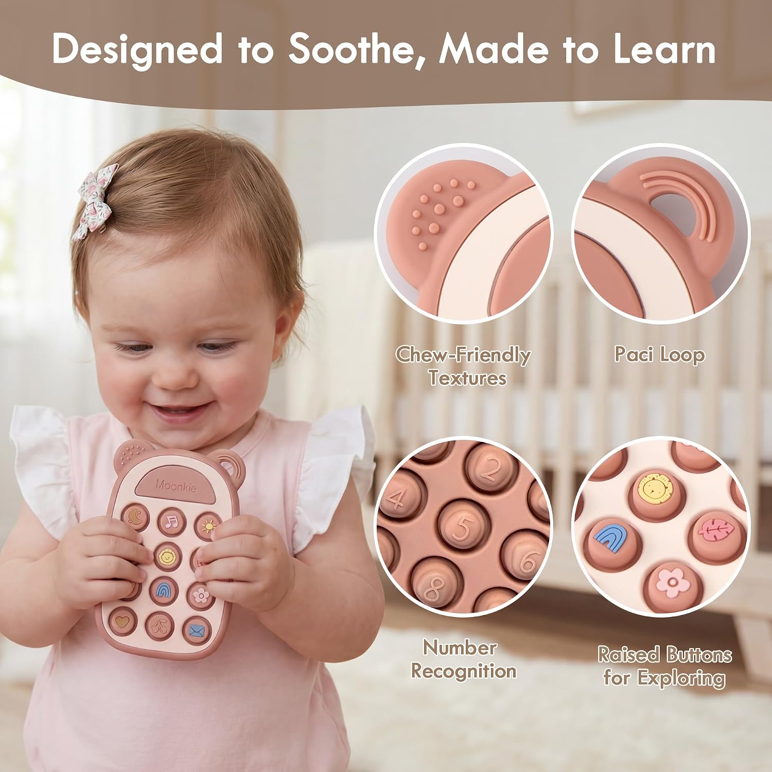 Moonkie Baby Teething Ring, Silicone Toy Mobile Phone, from 3 Months +, Children's Phone for Pop It Toy, BPA-Free, Baby Teething Toy for Boys & Girls, Gift for Toddler (Blush) – Bild 5