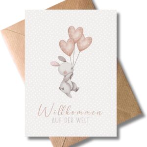 WBdesignz Greeting Card Birth Welcome to the World with Envelope - Birth Card Rabbit Birth Card - Newborn Baby Boy Girl (DIN A6)