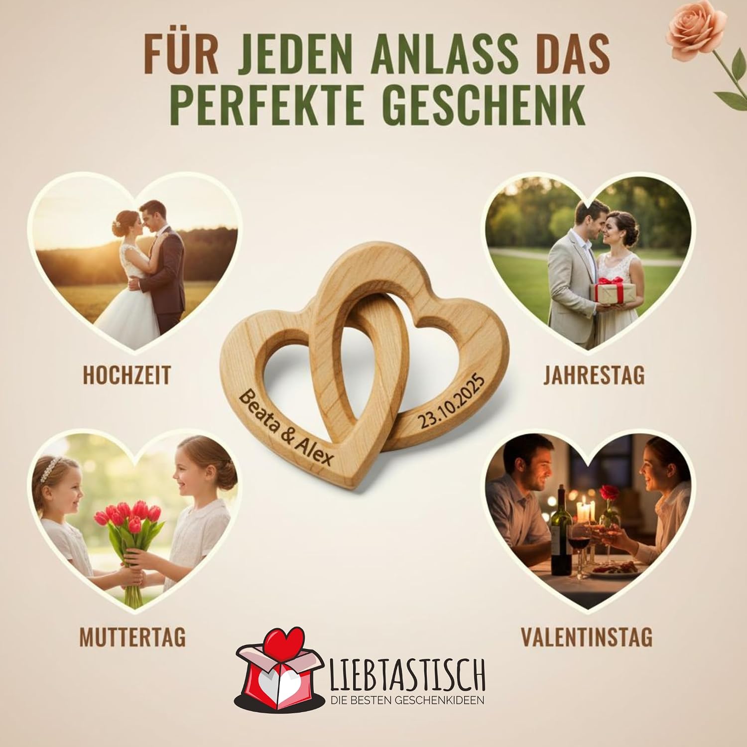 Liebtastisch Personalised Wooden Hearts - Engraved with Name & Date - Romantic Gift for Wedding, Anniversary, Engagement, Valentine's Day & Anniversary - Natural & Handmade – Bild 5