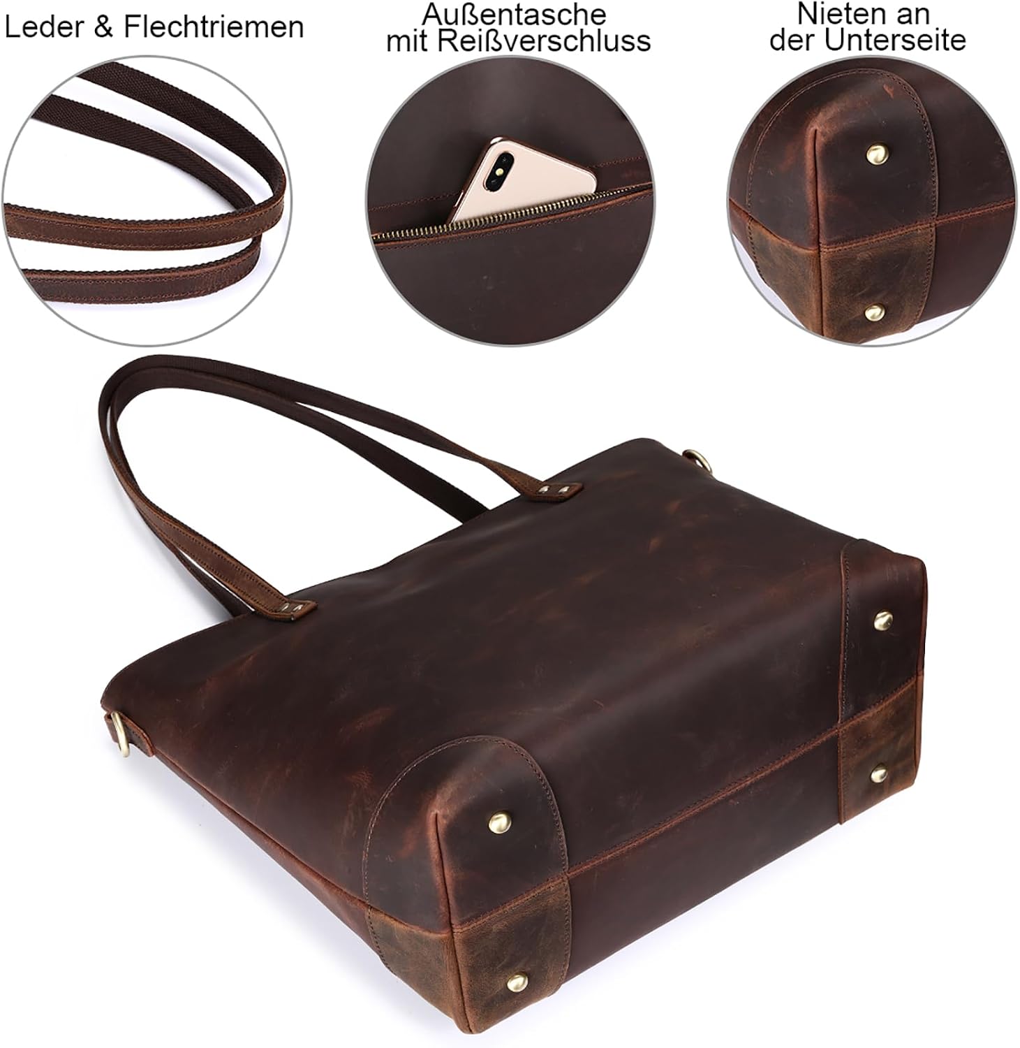 S-ZONE Women's Shoulder Bag Vintage 3-Way Genuine Leather Laptop Bag Travel Bag Work Bag Purse Handbag Messenger Bag – Bild 4