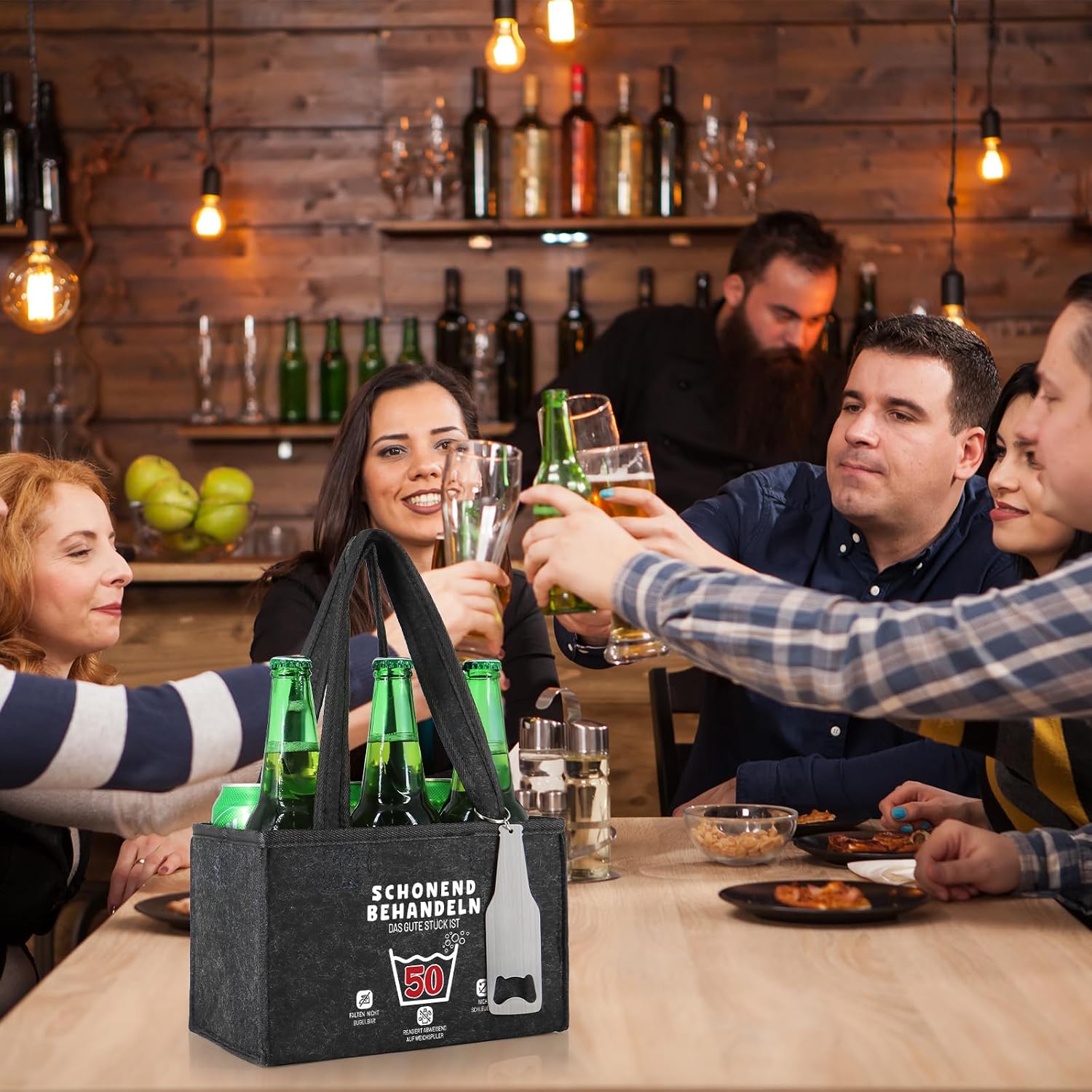WenmthG Gentle Treat 50 Funny Gifts Birthday Men's Handbag Beer with Bottle Opener and Greeting Cards for Men Women Boyfriend Men's Handbag Beer Bottle Carrier for 6 Beer Bottles – Bild 6