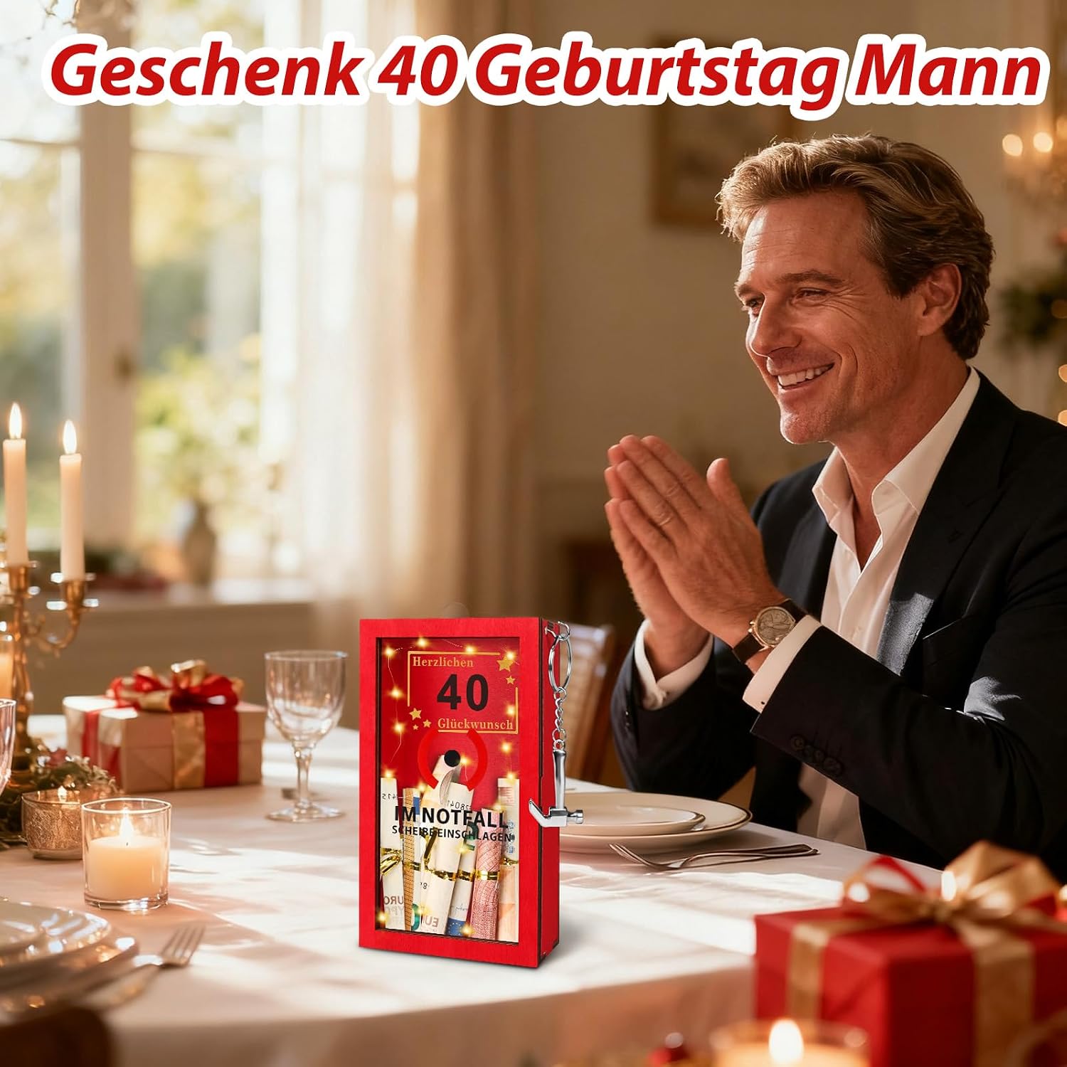 TUZELIYA LED Money Gifts 40th Birthday - 40th Birthday Women & Men - Personalised Gifts for Money - Funny Emergency Box Gifts with Hammer, Golden String and Fairy Lights – Bild 6