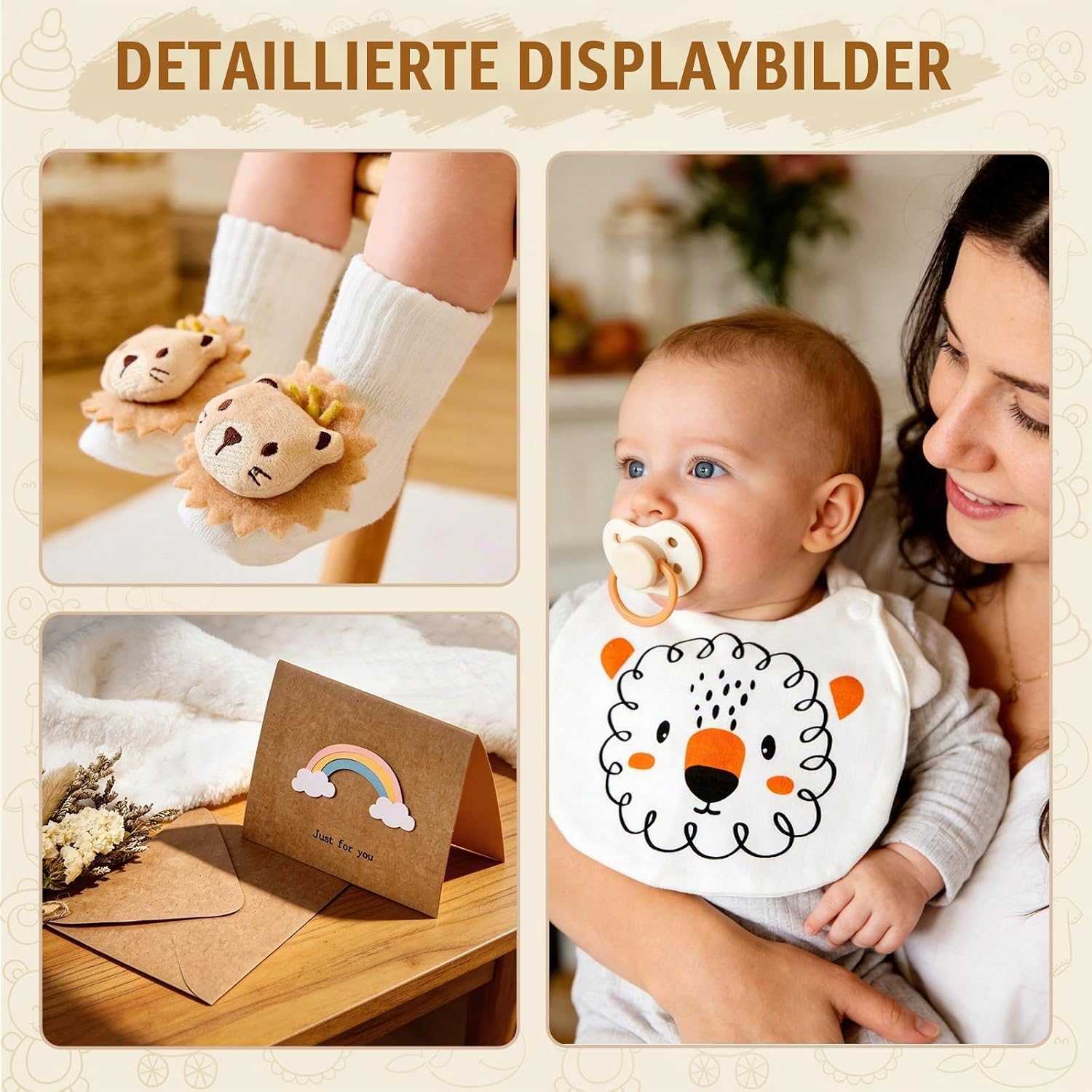 Baby Gift Boy Girl Newborn Gift Birth Boy Girl Baby Gifts with Baby Comforter with Lion Baby Blanket Bib Socks Wooden Rattle Baby Shower Gift Box Baby Shower Party – Bild 6