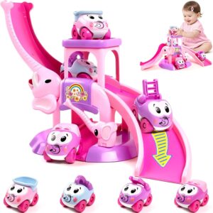 Toy from 1 Year, Baby Elephant Car Slide for Toddlers 1-2 Years, Includes 4 Animal-shaped Toy Cars, Cause Effect Toy Gift for 1 Birthday for Boys and Girls (Pink)