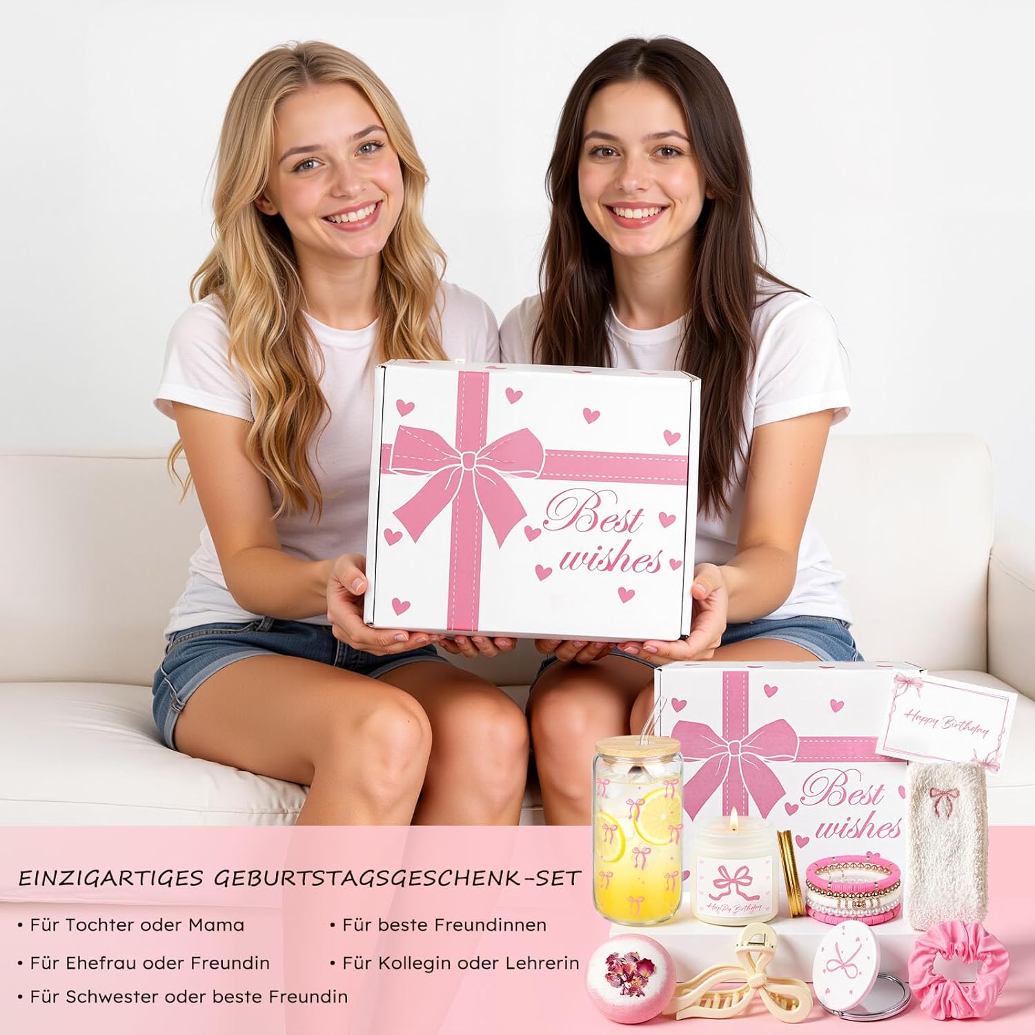 Luxury Birthday Gift for Women - Pink Bows Gift Box as Elegant Wellness Gift Set with Scented Candle, Bath Bomb, Glass Cup & Selected Beauty Accessories – Bild 7