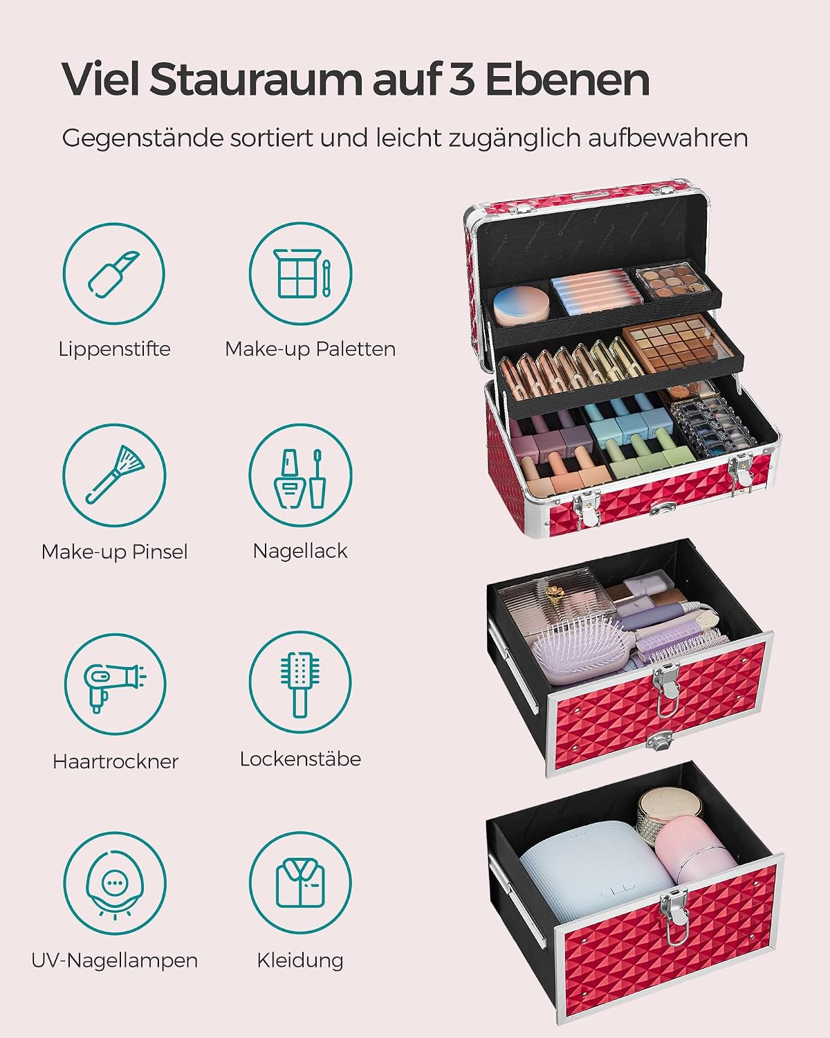 Songmics Make-Up Trolley, Cosmetic Case, Make-up case, Hairdresser’s Case, with 4 Removable, Universal Wheels, Top with 3 levels, Drawers with Slide Rails, Professional, for Travel Red – Bild 6