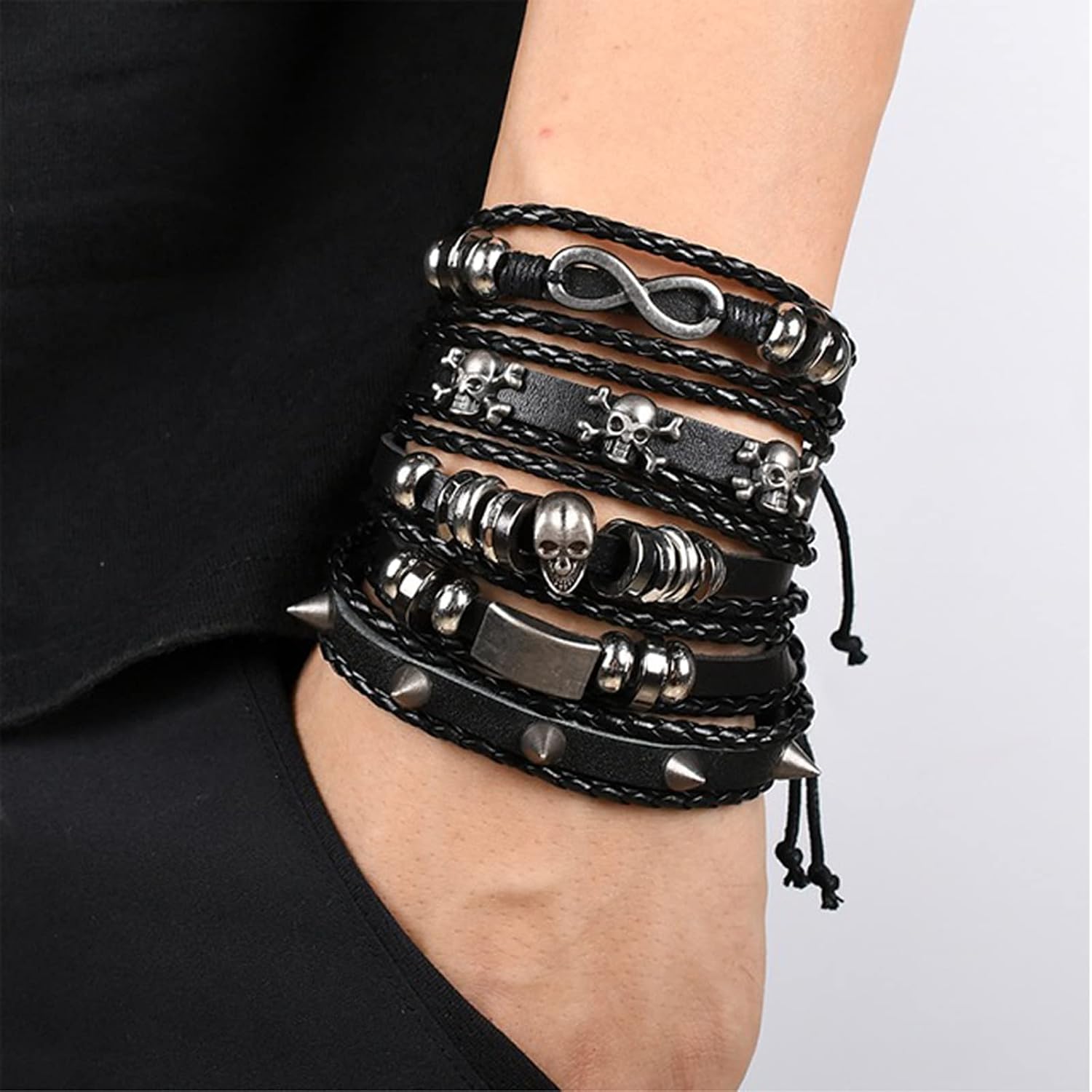 Pack of 5 Black Leather Bracelet Men's Braided Wide Bracelets, Punk Braided Bracelet for Men Braided Cuff Wrap Set, Rock Skull Gothic Decoration Adjustable – Bild 4