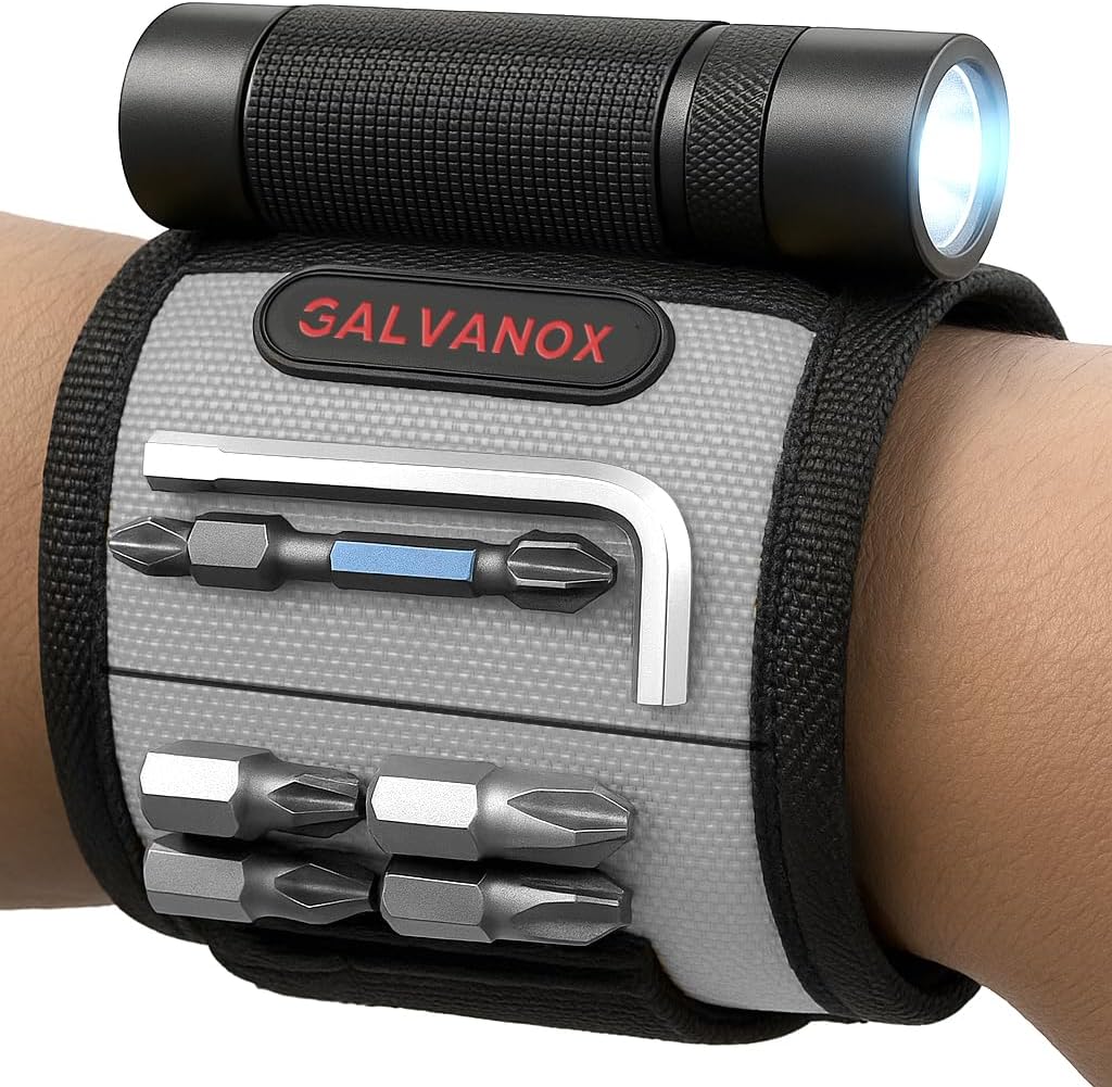 Galvanox - Magnetic Wristband with Hands Free Work Light (3 Modes) for Holding Screws, Nails and Drills, Durable Nylon with Powerful Magnets Tool Gift for Men