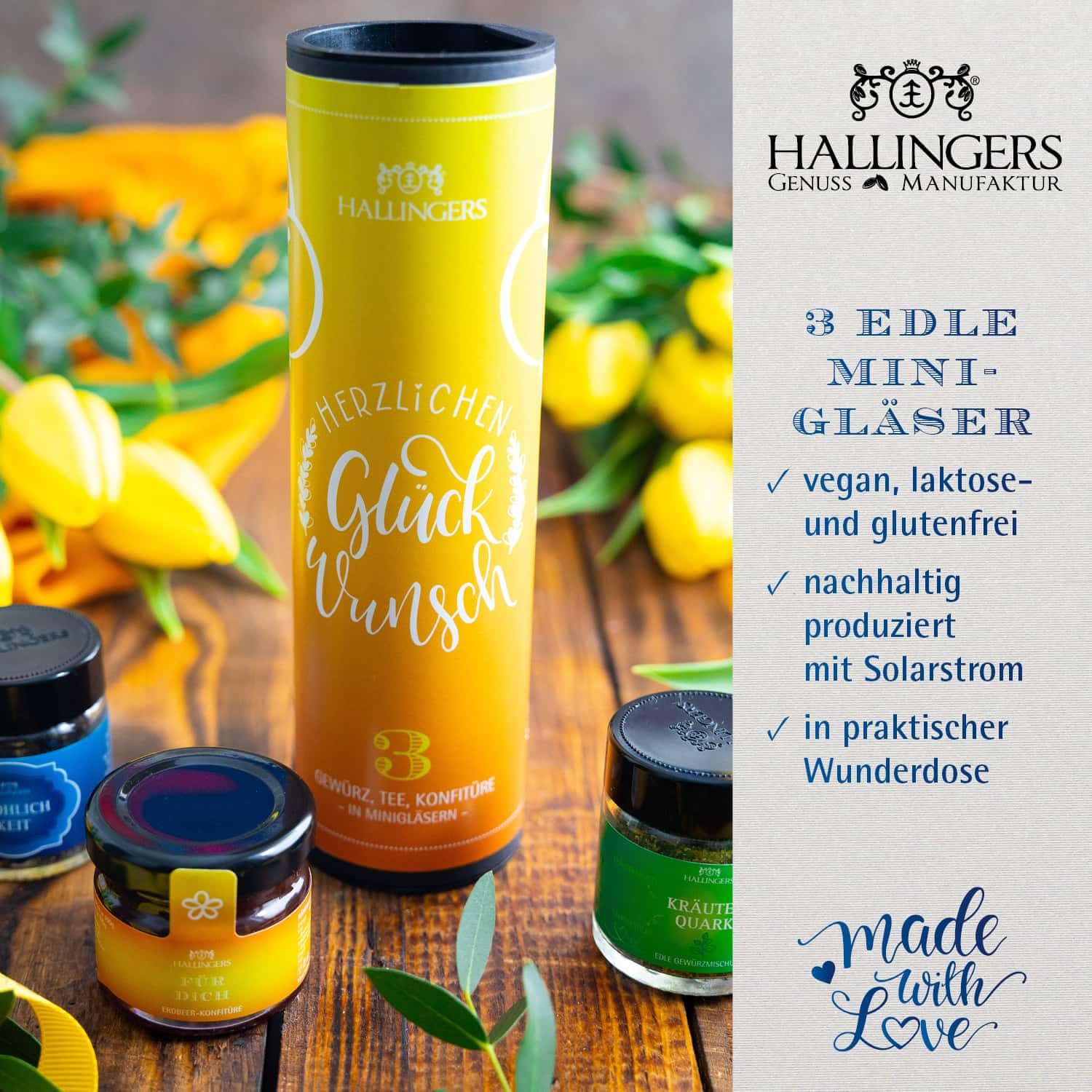 Hallingers Herzlichen Glückwunsch - 3-Piece Gift Set with Tea, Jam and Spice - Delicatessen Enjoyment Set as Gift Idea, Gourmet Gift Vegan (Set) - Gift Ideas Christmas & Gifts AD – Bild 3