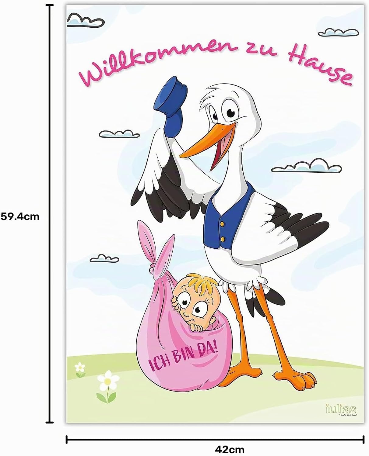 iulias Freude schenken! Poster for Birth Girl I Stork with Baby I Welcome Home I XL DIN A2 Poster I Baby Shower Decoration Pink Birth Gift Surprise – Bild 8