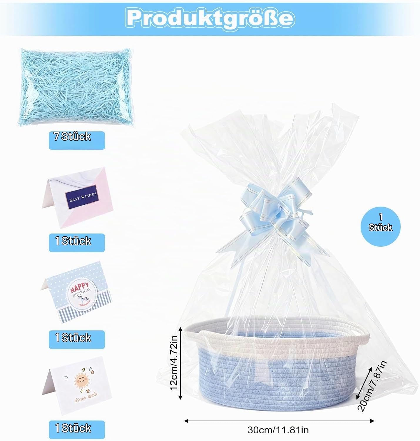 Empty Large Gift Basket, Blue Braided Basket for Gifts with Gift Bags and Ribbons, Empty Gift Basket for Birthday, Wedding, Baby Shower, Thanksgiving, Christmas (Blue and White) – Bild 2