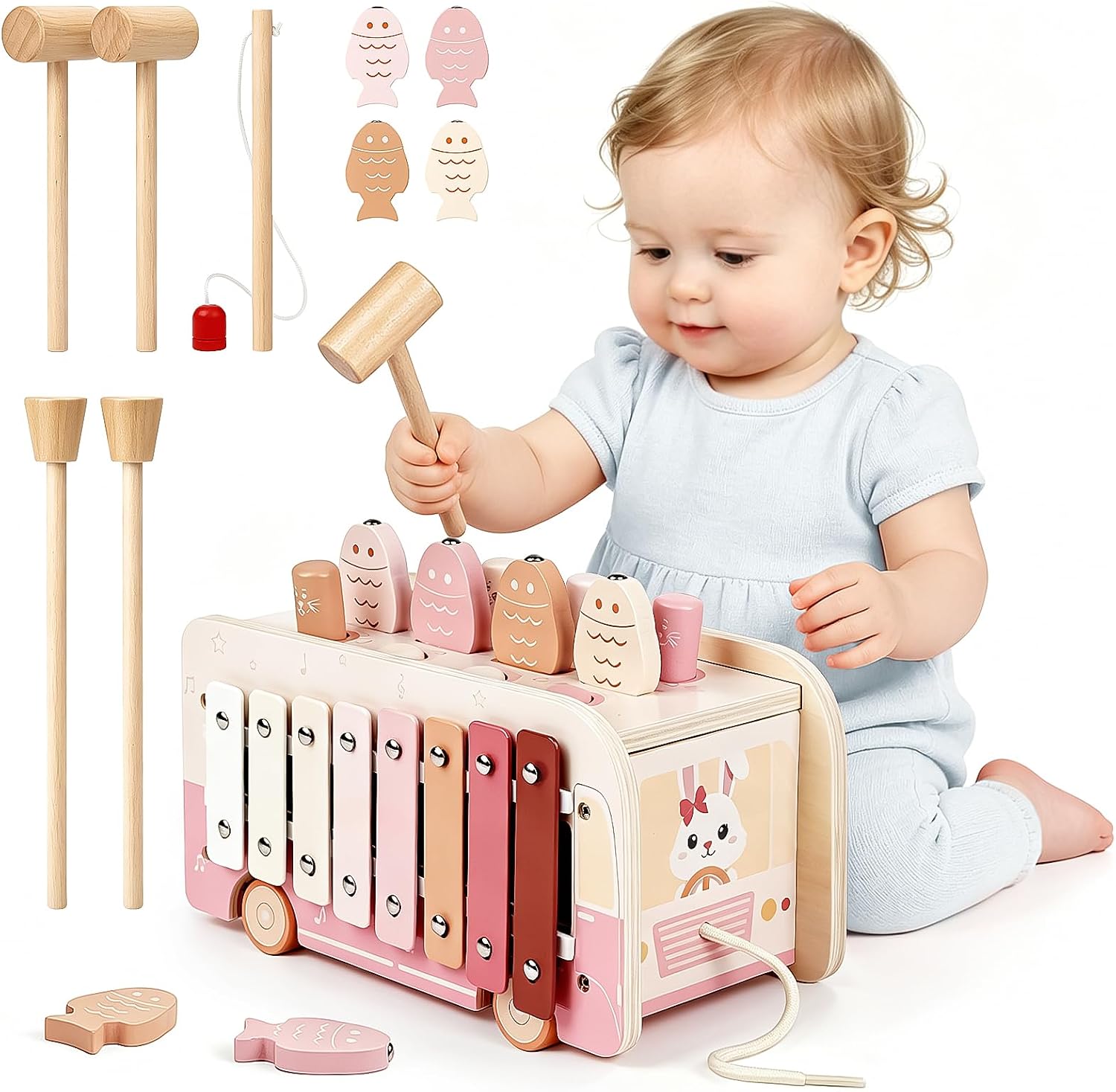 Vanplay Montessori Toy from 1 Year, 7-in-1 Hammer Game Wooden Toy Motor Skills Toy, Xylophone Children 1 Year, Gift Children's Toy from 1 2 3 Years Girls Boys
