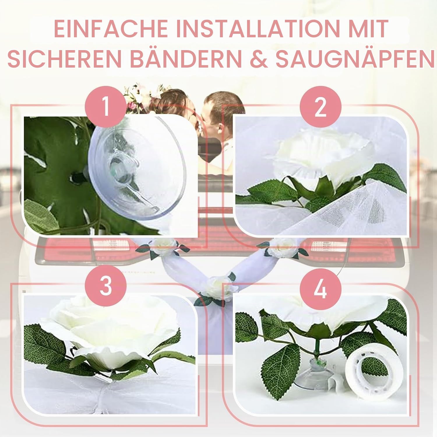 Wedding Car Decoration, White Wedding Decoration, Car Decoration with 11 Roses & Garland, Car Jewellery with Suction Cups and Length Bands, Bridal Car Decoration for Bonnet Party – Bild 4