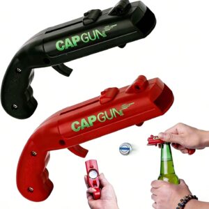 Cap Gun Bottle Opener Gun, Pack of 2 Beer Opener Gun, Funny Shootable Cap Gun as Beer Gift for Men, Birthday & Christmas Gadget for Party, Bar and Home, 1 x Black + 1 x Red