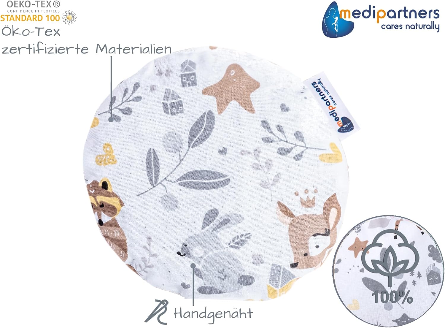 Medi Partners Cherry Stone Pillow Microwave for Babies 180 g Round 15 cm Grain Cushion Heat Cushion 100% Cotton Eco Natural Cherry Stone Cushion Heat + Cold Therapy Massage Therapy (Deer) – Bild 2