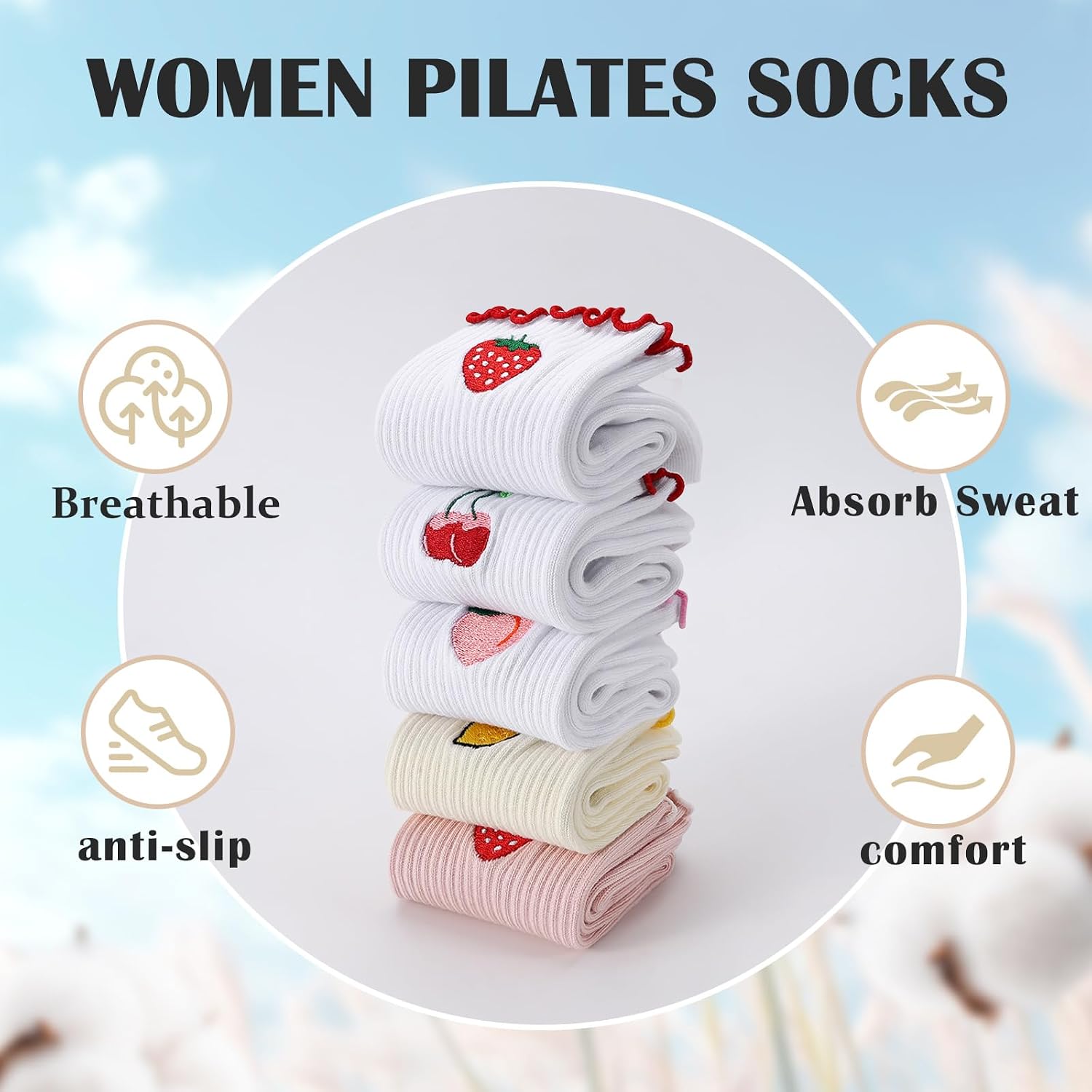 Pilates Yoga Socks for Women, Fruit Motifs Socks Non-Slip – Bild 3