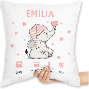 Cushion 40 x 40 cm Decorative Cushion - Elephant Birth Data with Name Gift for Birth Gift Idea I Money Gift for Birth - 40 x 40 cm - White - for Baby Personalised Baby Gift Birth Gift