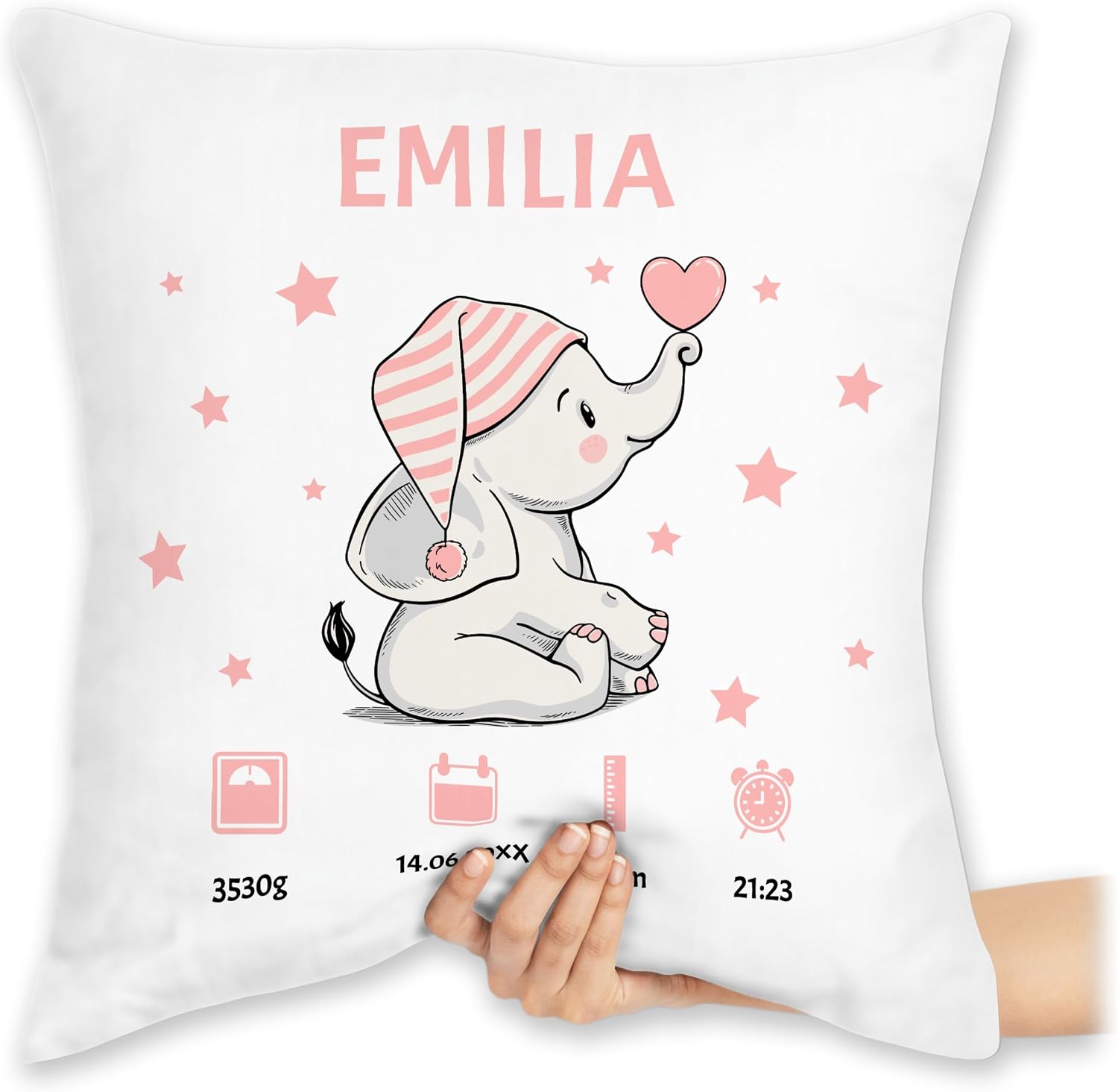 Cushion 40 x 40 cm Decorative Cushion - Elephant Birth Data with Name Gift for Birth Gift Idea I Money Gift for Birth - 40 x 40 cm - White - for Baby Personalised Baby Gift Birth Gift
