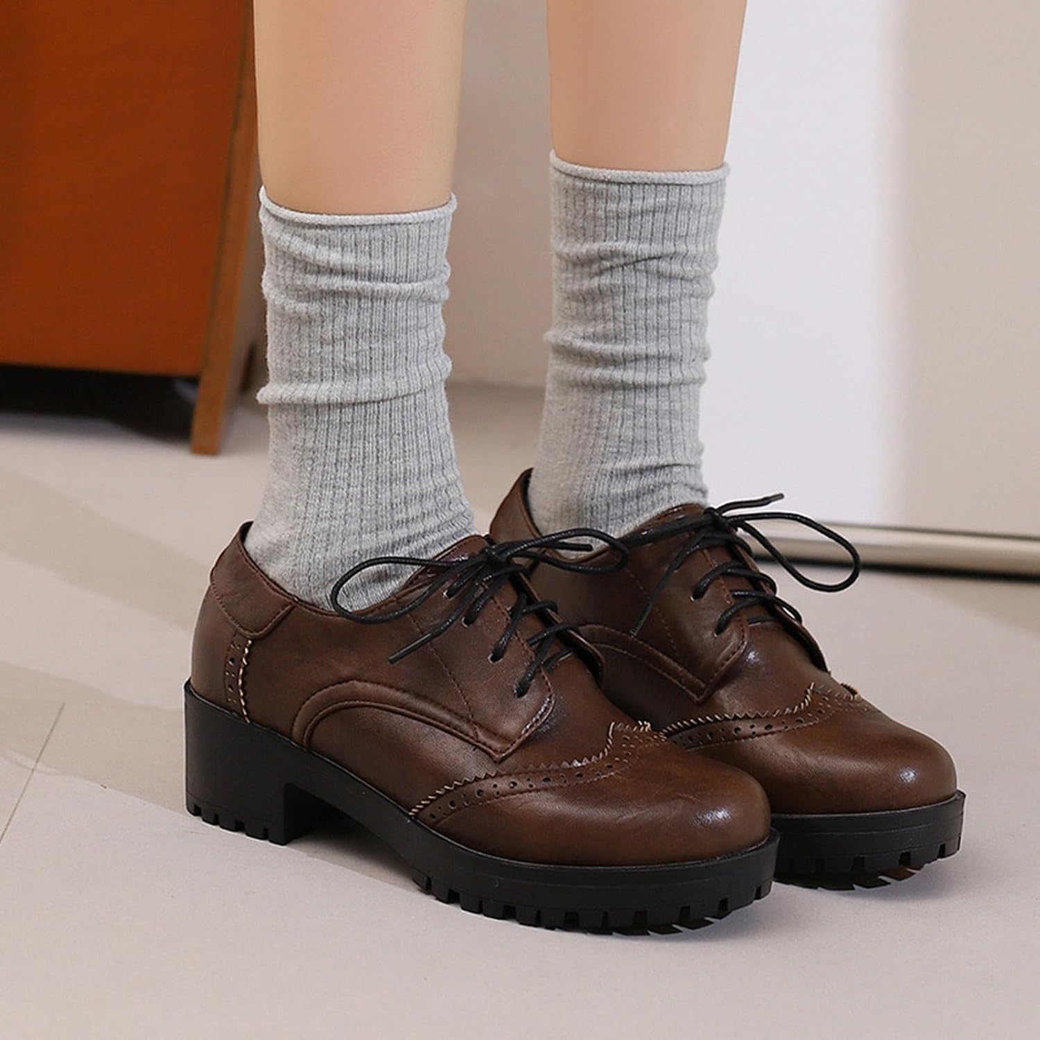 Leather Shoes Women's Classic Business Shoes Pumps Lace Up Vintage Oxford Business Shoes with Block Heel – Bild 2