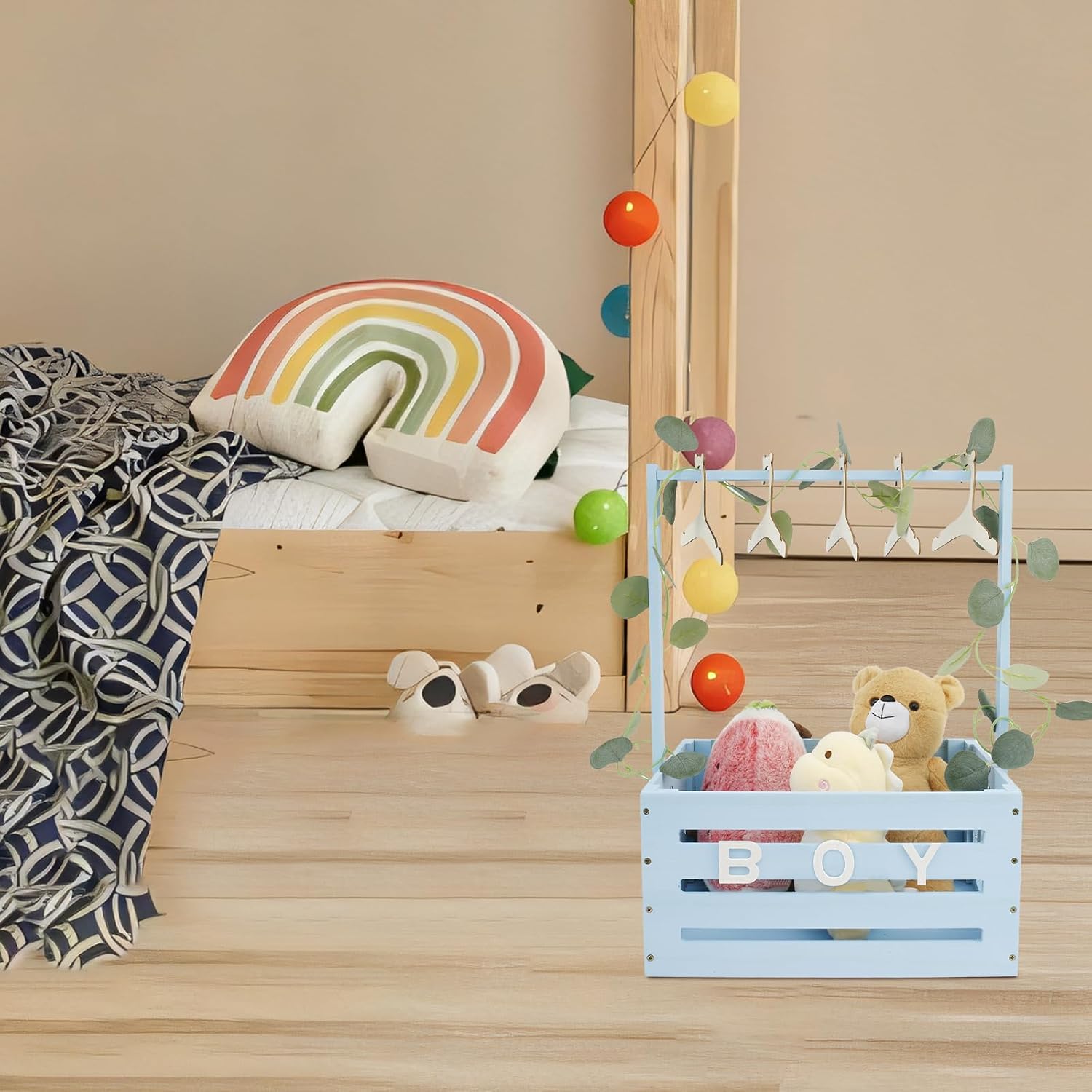 Baby Basket with Handle, Wooden Baby Shower Cupboard, Practical Wooden Box for Baby Shower with Pole, Cabinet for Baby Shower Boxes, Wooden Laundry Basket, Children's Wooden Baby Shower Gift (Blue) – Bild 8