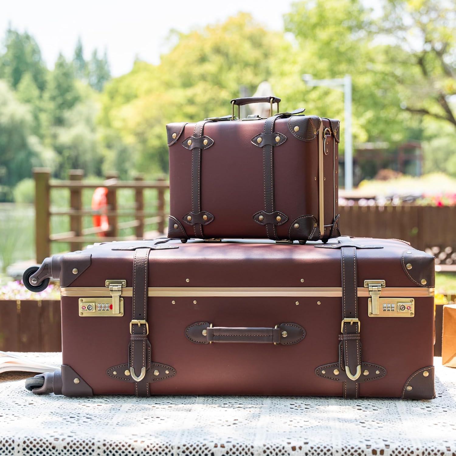 Urecity Vintage Suitcase with Wheels Trolley Suitcase Travel Suitcase Lightweight Retro Hard Shell Suitcase 2-Piece with 12 Inch Small Case (Caramel Brown, S (12 inches) + L (26 inches) – Bild 2