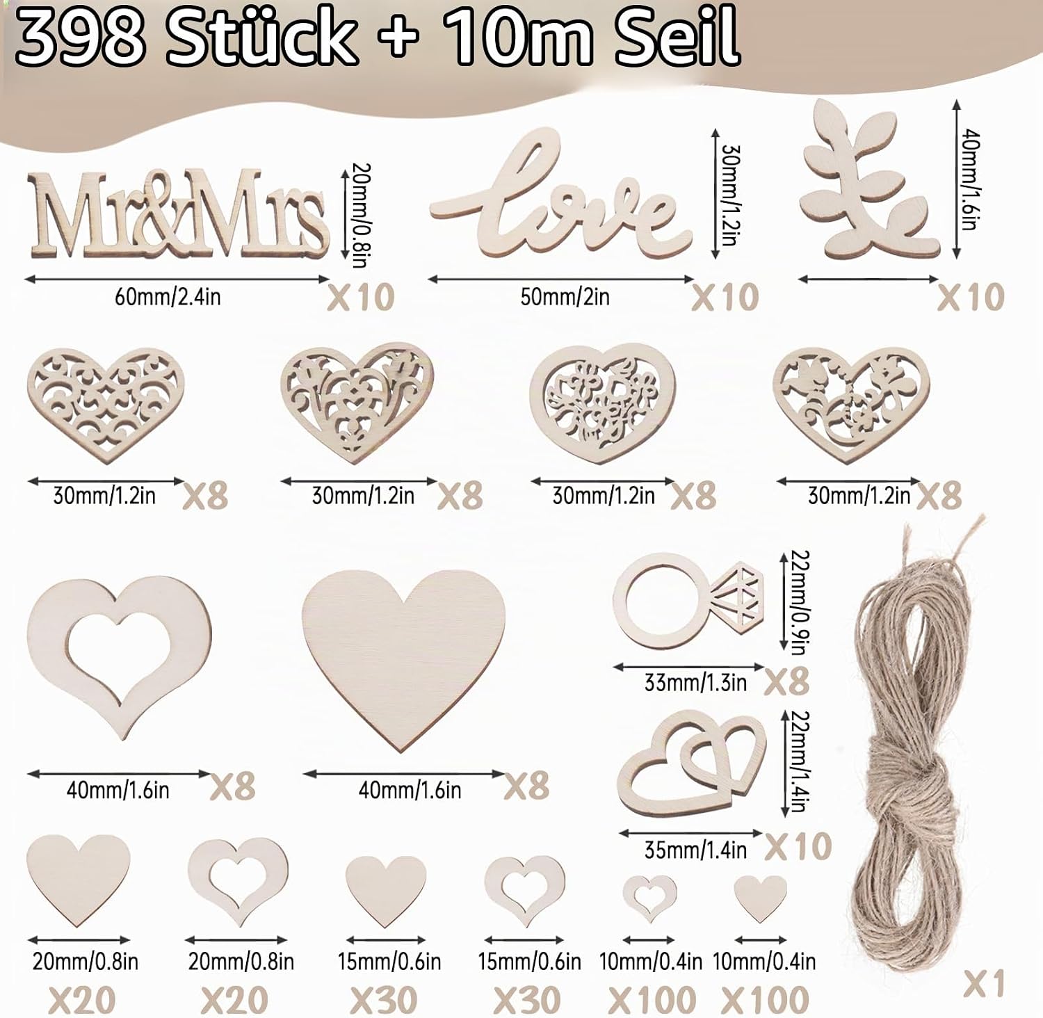 Pack of 398 Wooden Wedding Table Decoration Wooden Hearts – Bild 2
