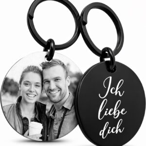 Personalised Round Keyring with Photo – Engraved Stainless Steel Keyring, Unique Gift for Boyfriend, Lover, Husband or Men, Black Finish