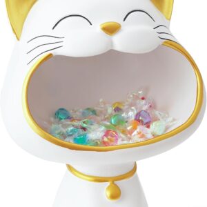 Laughing Cat Statue Figures Storage Box, Cat Jewellery Key Storage Box, Jewellery Tray, Large Cat Sculpture Statue, Suitable for Home, Office Decoration (White, M)