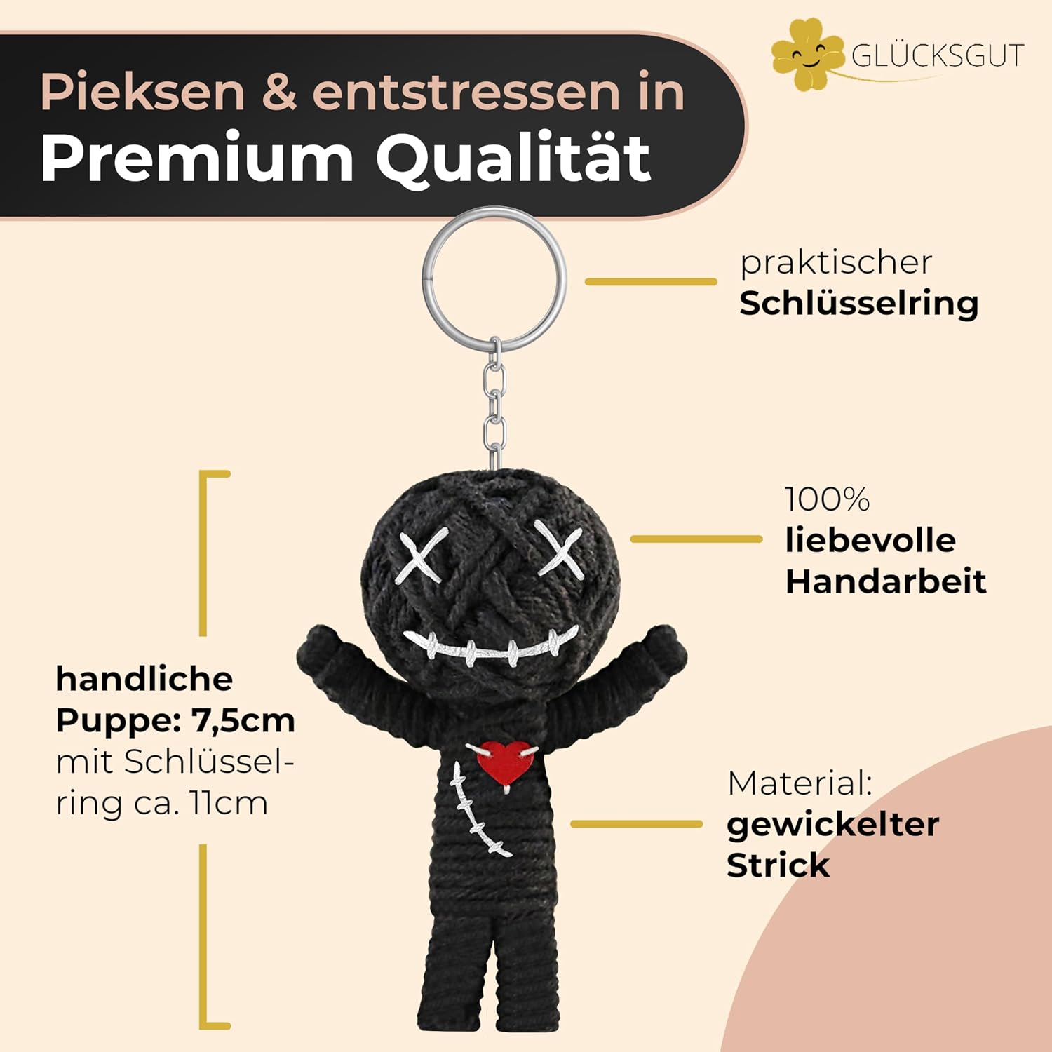 GLÜCKSGUT® Voodoo Doll with Needles | Pack of 3 | Gift Box & Instructions | Joke Medicine | Office Gift for Colleagues Coworker Boss | Anti Stress | Farewell | Office – Bild 4