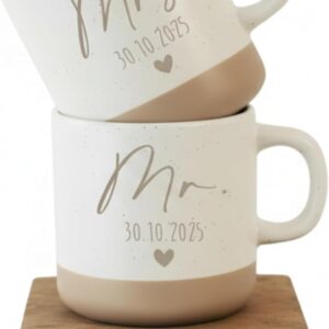 Generisch Mr & Mrs Ceramic Mug Set Laser Engraved Personalised with Date and Heart White Beige 360ml Dishwasher Safe Wedding Gift