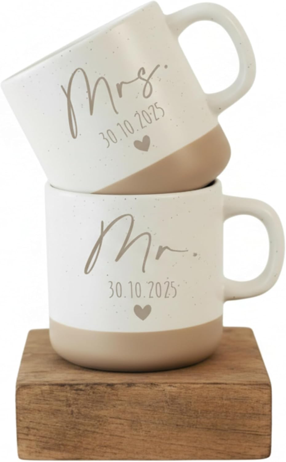 Generisch Mr & Mrs Ceramic Mug Set Laser Engraved Personalised with Date and Heart White Beige 360ml Dishwasher Safe Wedding Gift