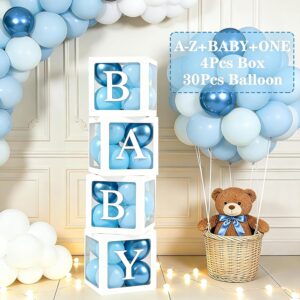 Baby Party Decoration Boy, 4 Baby Boxes with 30 Blue Gold Balloons, 33 Letters (One + B x A x B x Y + A-Z), Blue Baby Shower Decoration for Baby Shower Party Decoration Boy Birthday Party Boy Gender