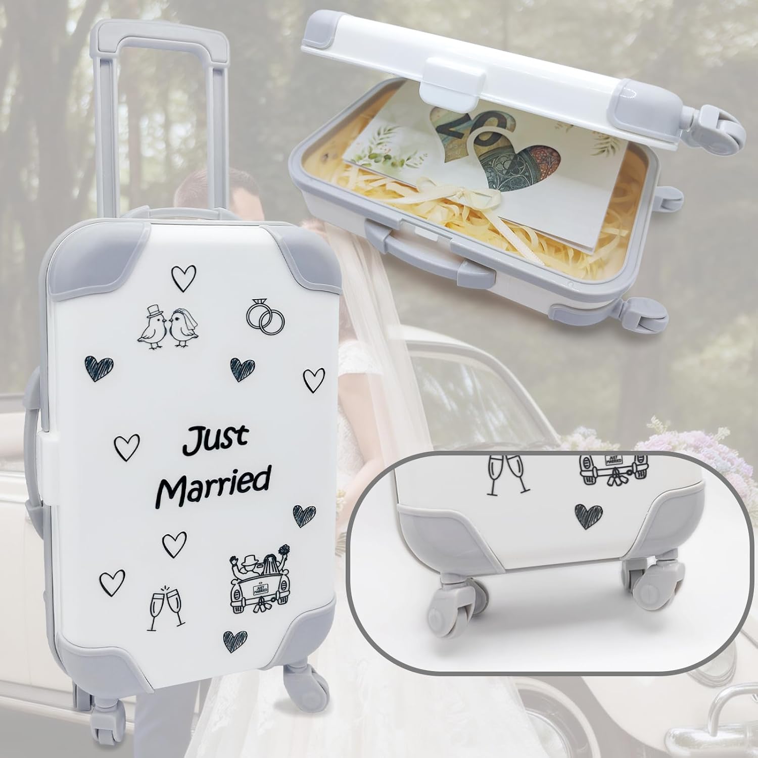 Dumeher Money Gift Wedding Trolley Suitcase Money Case "Just Married" Wedding Gifts for Bride and Groom Money Gifts Packaging with Gift Box and Money Wedding Card – Bild 5