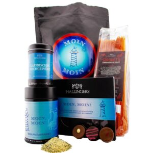 Hallingers Genuss Manufaktur Delicatessen Gift Set – XXL Wonder Bag "Moin, Moin" Large Gift Chocolate, Tomato Spaghetti, Fish Spice & Chocolates, Gift Idea for Northern Lights